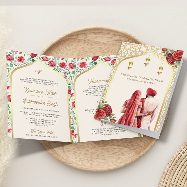 Invitation Crème Or Roses Rouge tout en un Mariage Sikh (Créateur téléchargé)