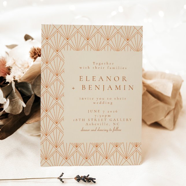 Invitation Crème Orange Brûlé Éventail Art Déco Mariage Éléga (Créateur téléchargé)