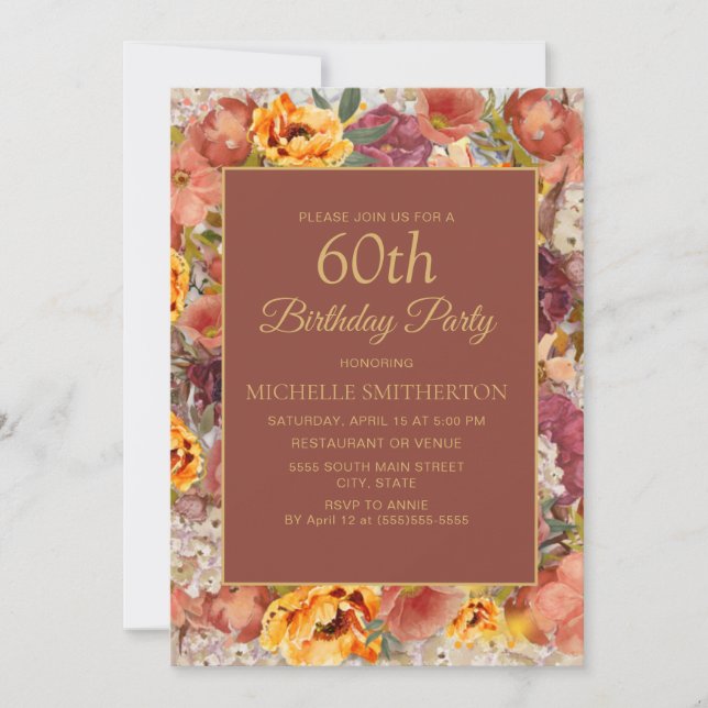 Invitation Crème Orange Brûlé Fleurie 60e Anniversaire (Devant)