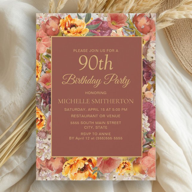 Invitation Crème Orange Brûlé Rouille Floral 90e Anniversaire (Elegant burnt orange and rust watercolor floral fall-colored 90th birthday party invitation)