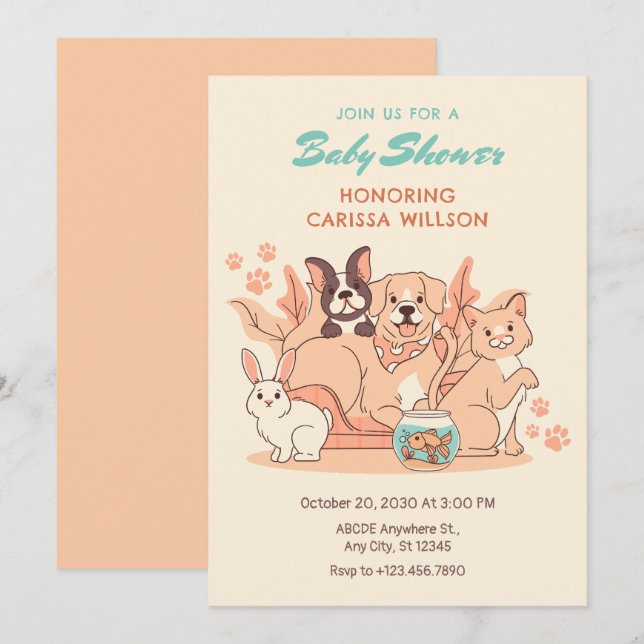 Invitation Crème orange Groupe d'animaux de la fête (Devant / Derrière)