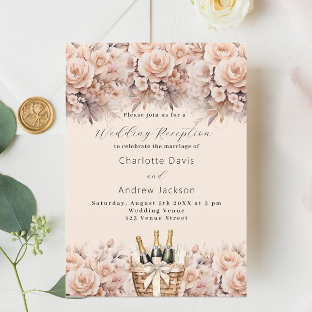 Invitation Crème pêche corbeille à vin rose réception mariage (Créateur téléchargé)