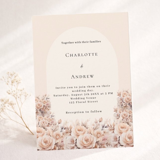Invitation Crème pêche rose or florales arc photo mariage (Créateur téléchargé)