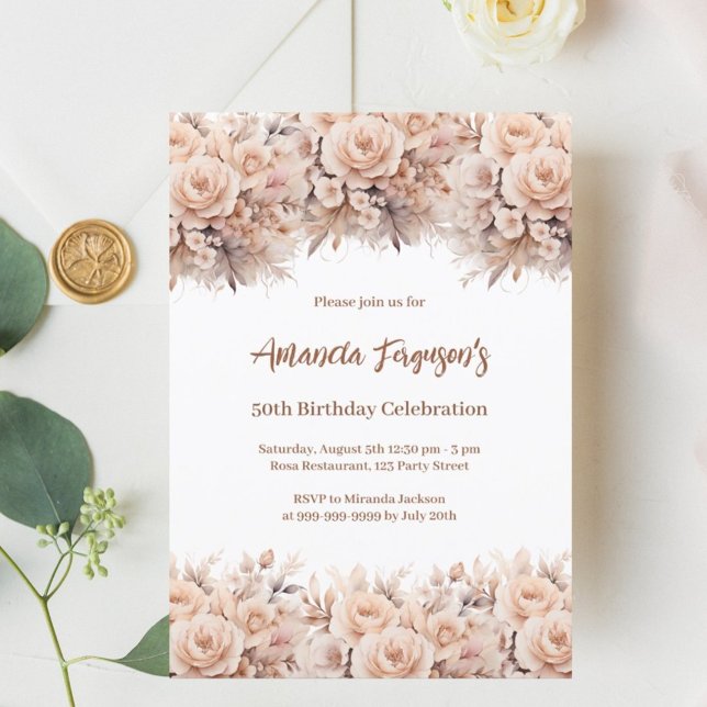 Invitation Crème pêche roses floraux de luxe anniversaire (Créateur téléchargé)