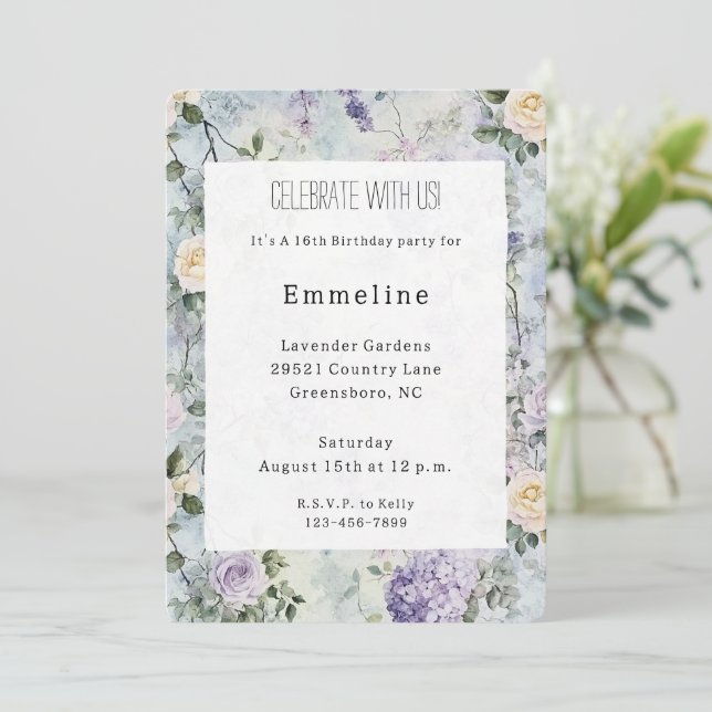 Invitation Crème romantique fleurs violettes Anniversaire (Debout devant)