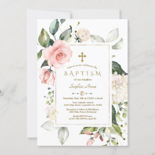 Invitation Crème rose Blush Cadre Floral Or Baptême