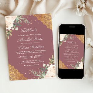 Invitation Crème Rose Gold Lace QR Code Mariage musulman rose