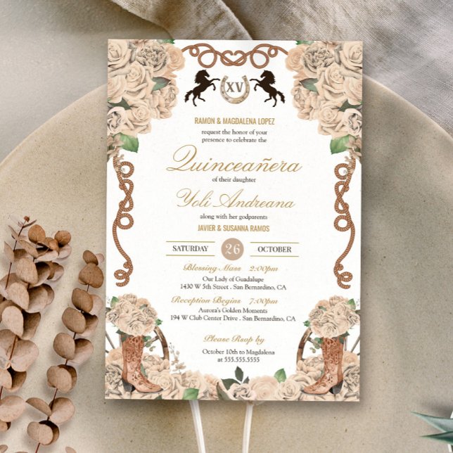 Invitation Crème Rose Occidentale Charro Quinceañera (Créateur téléchargé)