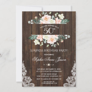 Invitation Crème rose pâle dentelle en bois floral 50e annive