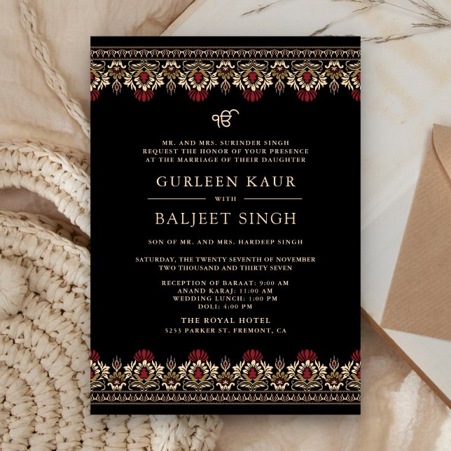 Invitation Crème rouge noire Ikat Anand Karaj Sikh Mariage (Créateur téléchargé)