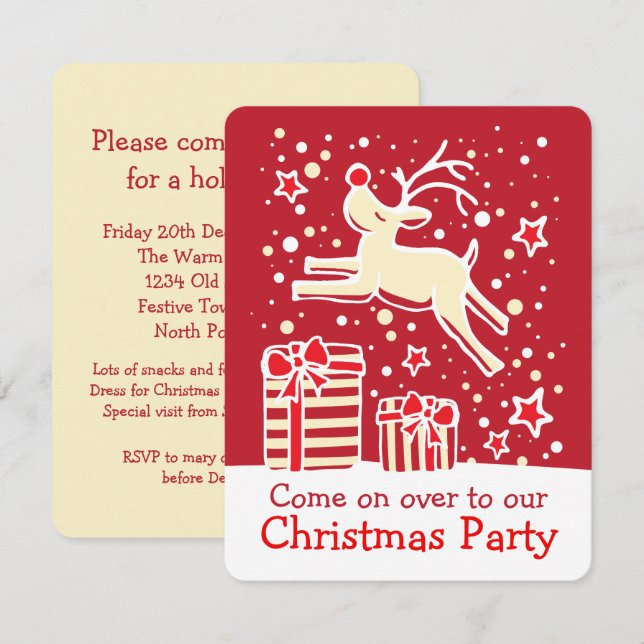 Invitation Crème rouge renne de Noël (Devant / Derrière)