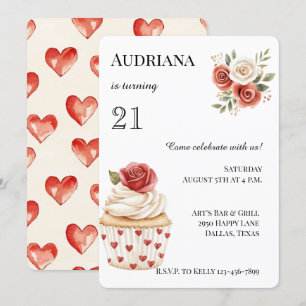 Invitation Crème Rouge Rose Cupcake Coeurs Floral Anniversair