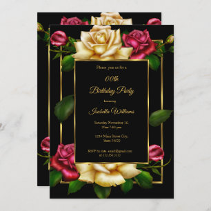 Invitation Crème rouge Rose floral Or noir fête d'anniversair