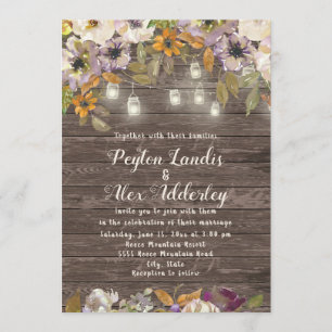 Invitation Crème rouille Floral Bois Chaîne Lumières Mariage