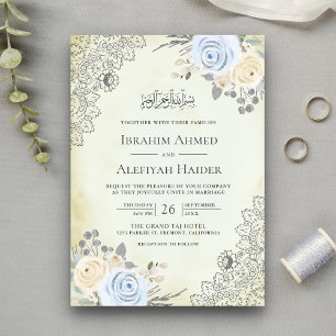 Invitation Crème rustique bleu doux dentelle florale Mariage 