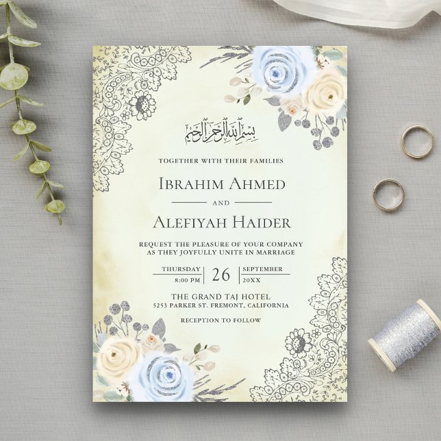 Invitation Crème rustique bleu doux dentelle florale Mariage  (Créateur téléchargé)