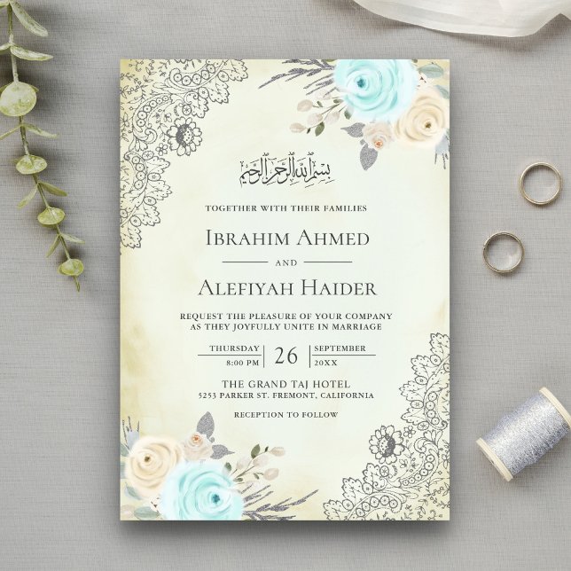 Invitation Crème Rustique Menthe Vert Floral Dentelle Musulma (Créateur téléchargé)