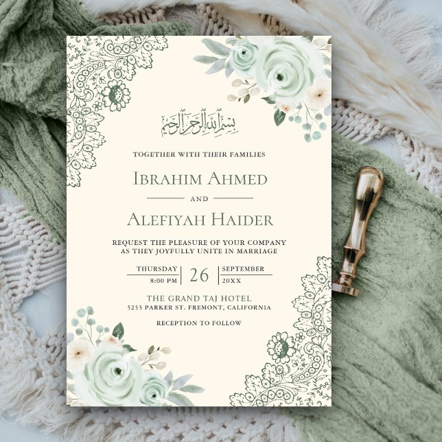 Invitation Crème rustique Sage Vert Floral Dentelle musulmane (Créateur téléchargé)