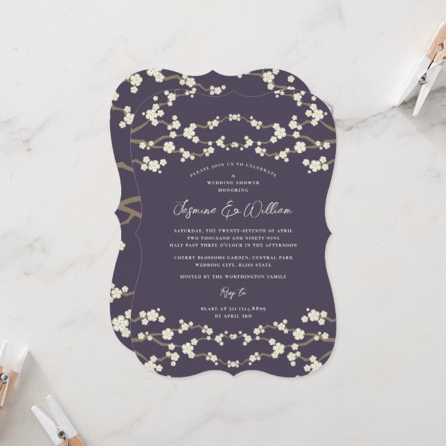 Invitation Crème Sakura Fleurs de cerisier violet Mariage asi (Devant/Arrière en situation)
