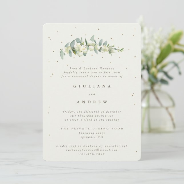 Invitation Crème Snowberry+Eucalyptus Mariage répétition (Debout devant)