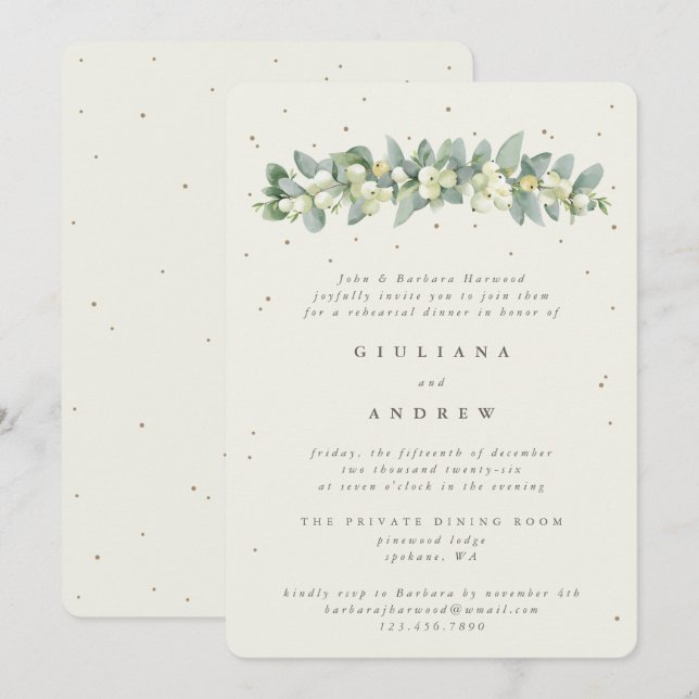 Invitation Crème Snowberry+Eucalyptus Mariage répétition (Devant / Derrière)