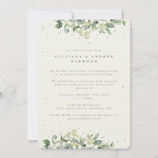Invitation Crème Snowberry+Eucalyptus Réception de mariage (Devant)
