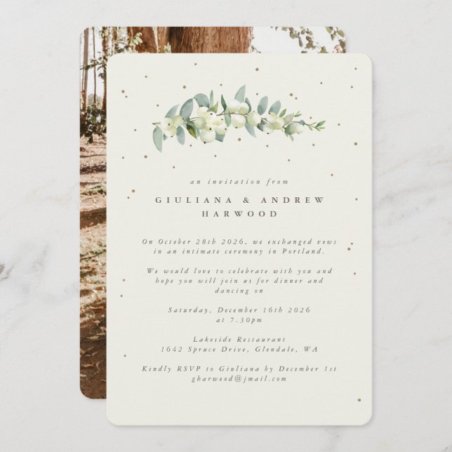 Invitation Crème Snowberry+Eucalyptus Réception de mariage Ph (Devant / Derrière)