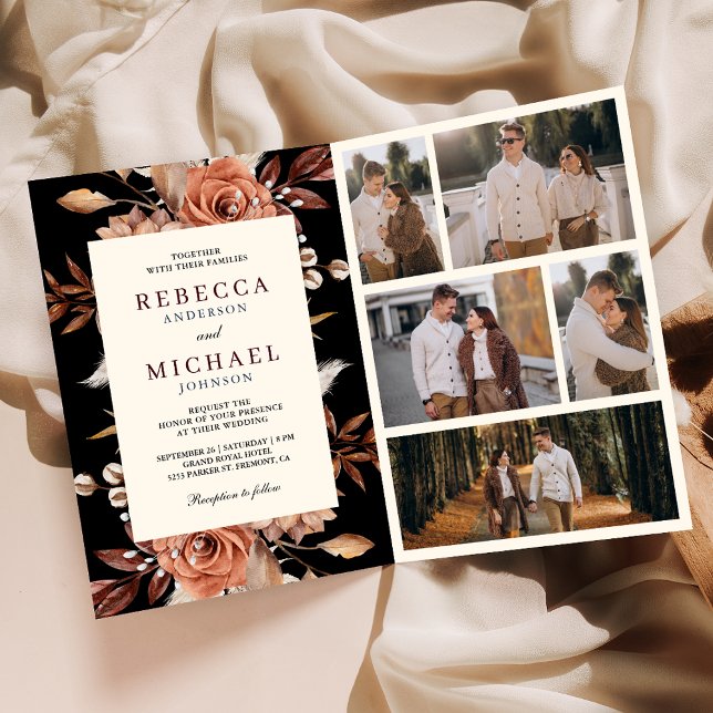 Invitation Crème Terracotta Floral Code QR Mariage Noir (Créateur téléchargé)