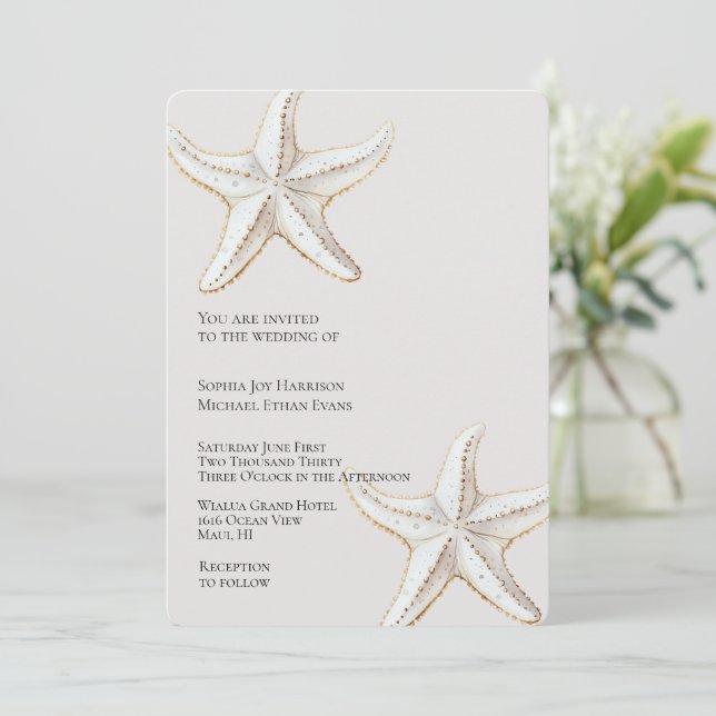 Invitation Crème Tropicale Gold White Starfish Plage Mariage (Debout devant)