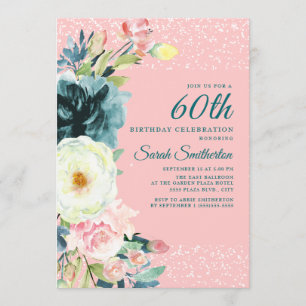 Invitation Crème Turquoise rose Floral 60e anniversaire