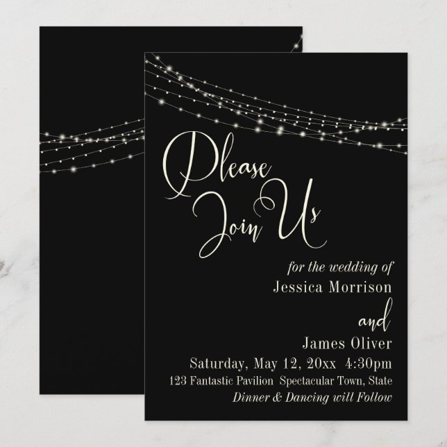 Invitation Crème Typographie 32, Noir 2 avec Lumières de Mari (Devant / Derrière)