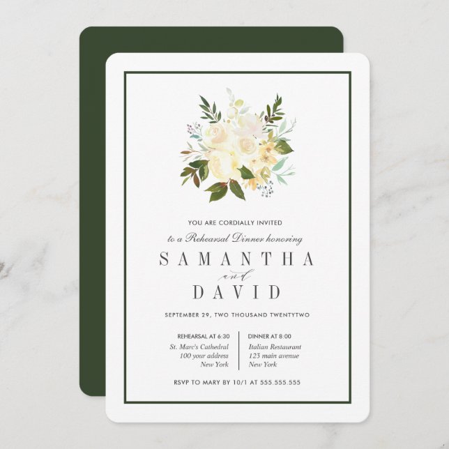 Invitation Crème + Vert | Dîner de répétition Mariage biologi (Devant / Derrière)