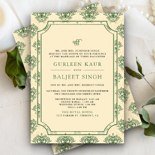 Invitation Crème verte Ikat Anand Karaj Sikh Mariage