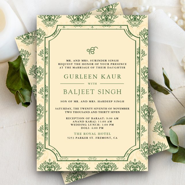 Invitation Crème verte Ikat Anand Karaj Sikh Mariage (Créateur téléchargé)