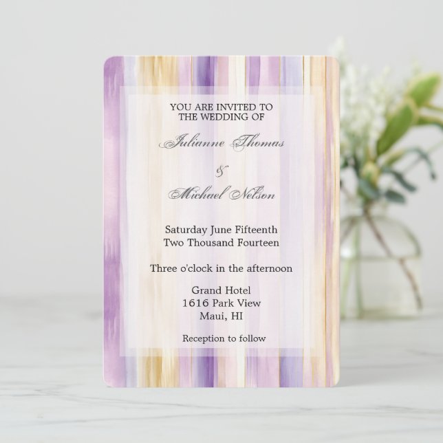 Invitation Crème violet romantique Iris Stripes Mariage (Debout devant)