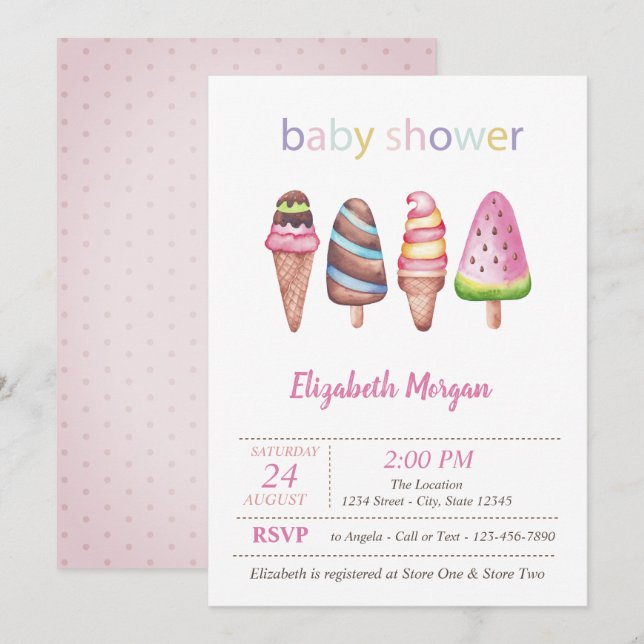 Invitation Crèmes glacées à l'aquarelle Points Baby Shower (Devant / Derrière)