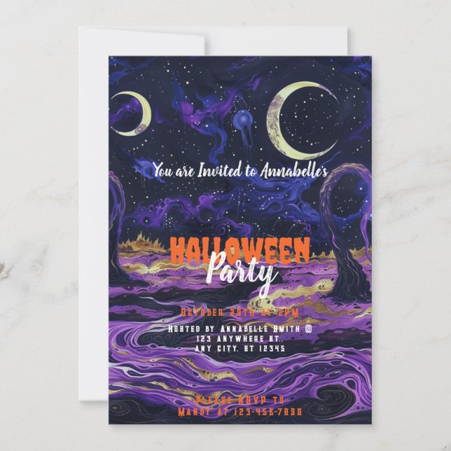 Invitation Crescent bleu et violet ciel Lune Halloween Party (Devant)