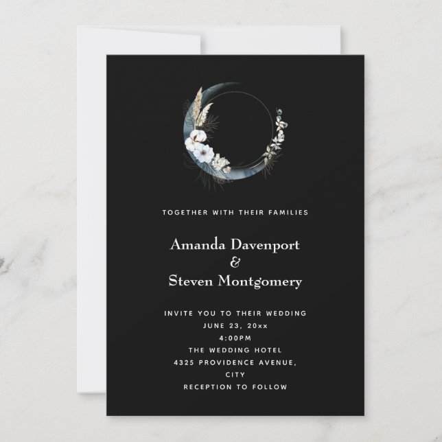 Invitation Crescent Bleu Lune avec Mariage Fleurs Blanches (Devant)