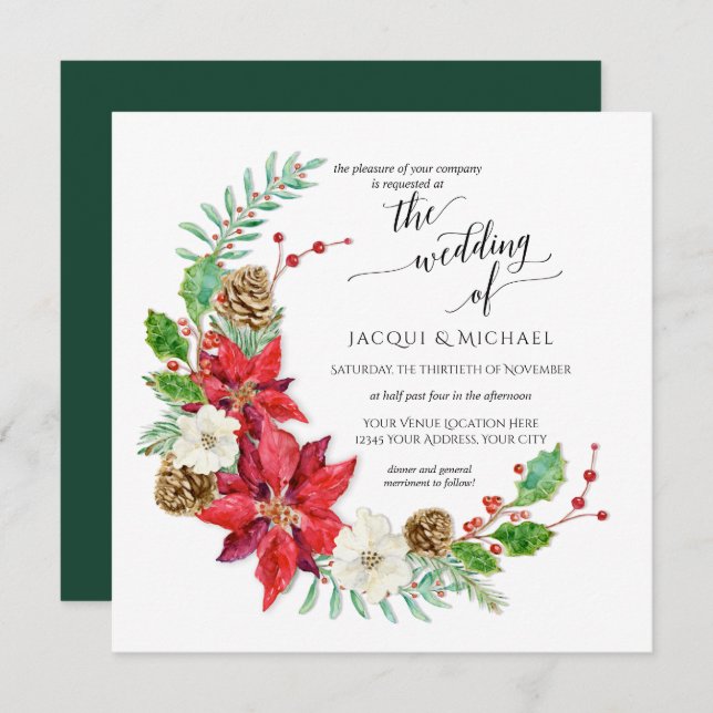 Invitation Crescent Floral de mariage d'hiver | Carré (Devant / Derrière)
