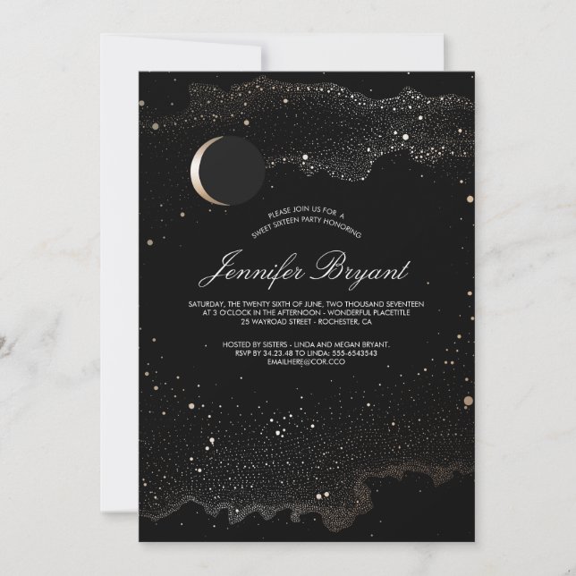 Invitation Crescent Lune et étoiles de nuit Sweet 16 (Devant)