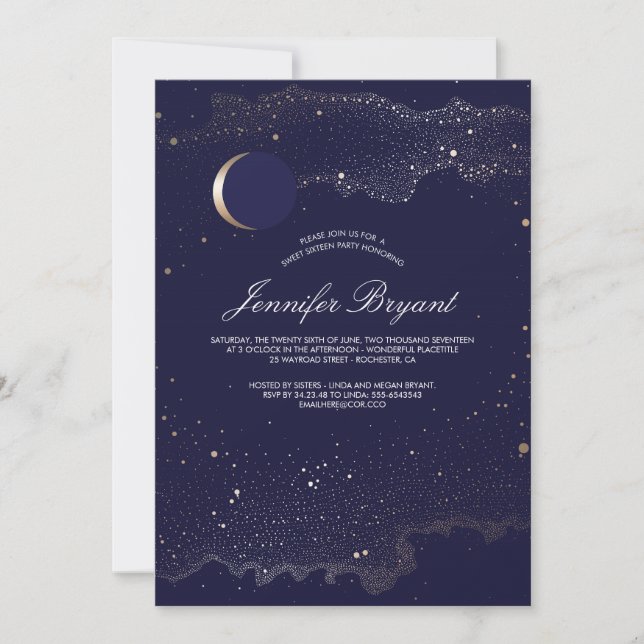 Invitation Crescent Lune et étoiles de nuit Sweet 16 (Devant)