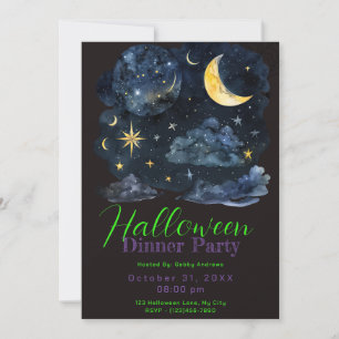Invitation Crescent Moon Blue Clouds Halloween Diner Fête