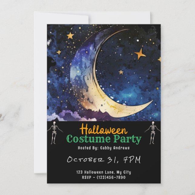 Invitation Crescent Moon Blue Sky et étoiles Black Halloween (Devant)