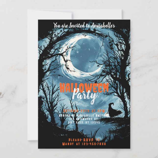 Invitation Crescent Moon Sky Witch Stars Halloween Party (Devant)