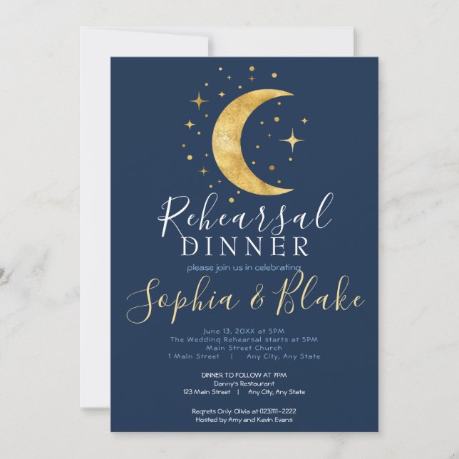 Invitation Crescent Moon Starry Night Marine Rehearer Dîner (Devant)