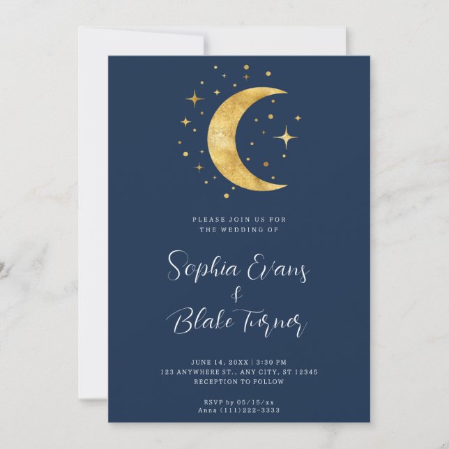 Invitation Crescent Moon Starry Nuit Marine Bleu Mariage (Devant)