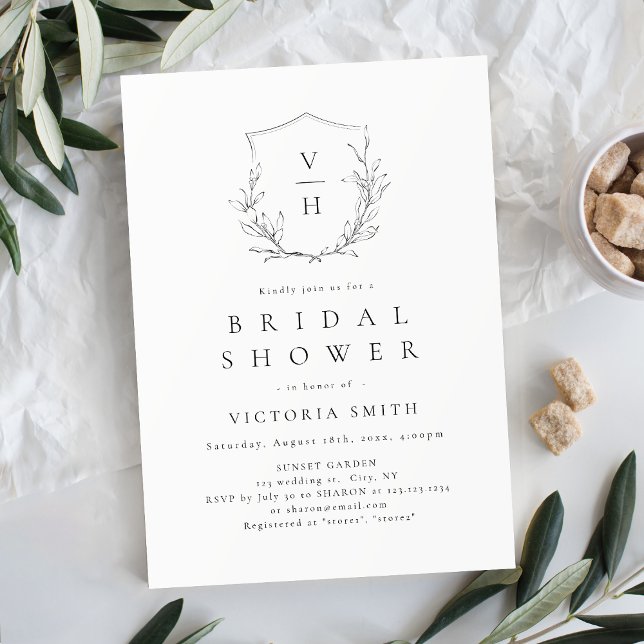Invitation Crest botanique élégant monogramme douche de marié (Elegant botanical crest monogram bridal shower invitation)