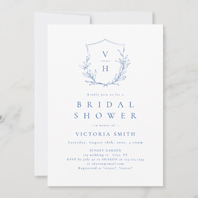 Invitation Crest botanique simple bleu monogramme douche de m (Devant)