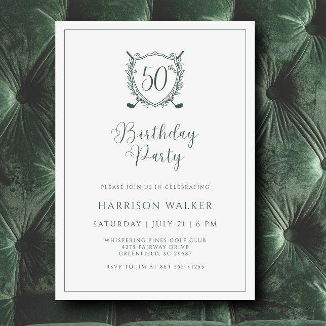 Invitation Crest de golf pour fête du 50e anniversaire, écrit (Clean crest design with a modern golf twist. Easy to personalize in minutes.)
