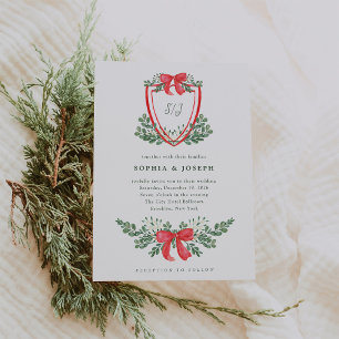 Invitation Crest de Noël   Mariage blanc rouge et vert